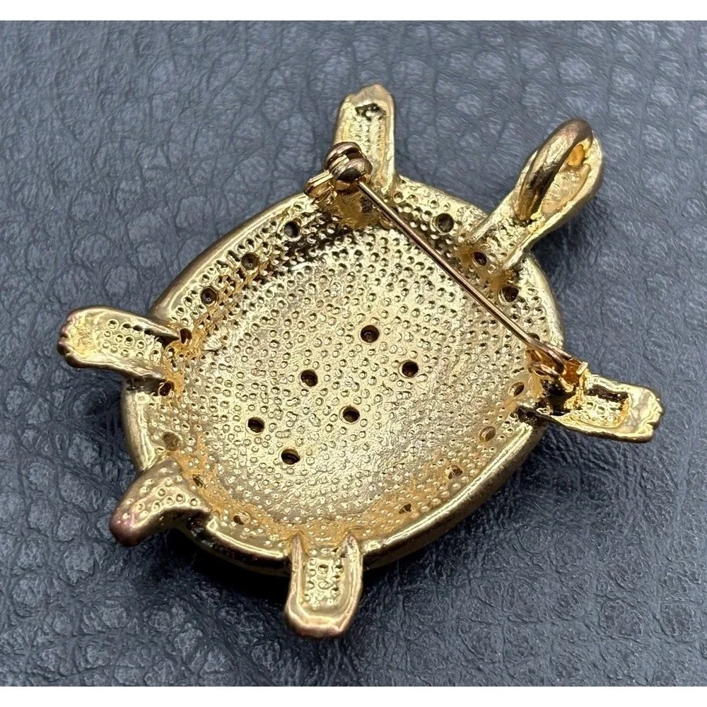 Rhinestone Turtle Pendant Brooch Black AB Aurora Borealis Crystal Gold Tone